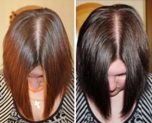 На фото представлено окрашивание волос чаем до и после.