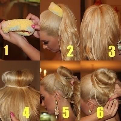 Простая инструкция, которая подскажет, как сделать красивую шишку из волос с помощью поролонового валика (цена – от 100 руб.)