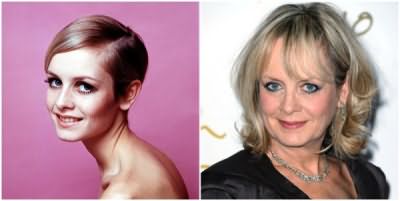 С Твигги началась популярность стрижки пикси. Сегодня 66-летней английской актрисе по нраву объемная стрижка на длинные волосы с градуировкой и челкой (фото 1966 и 2016 г.г.)